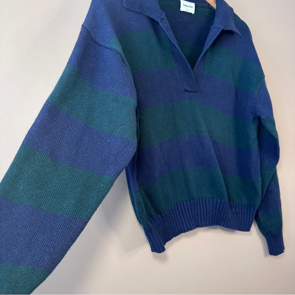 Sunday Best Fine Knit V-Neck Polo Sweater, Navy & Green Stripe, Preppy, Academia - Picture 3 of 7